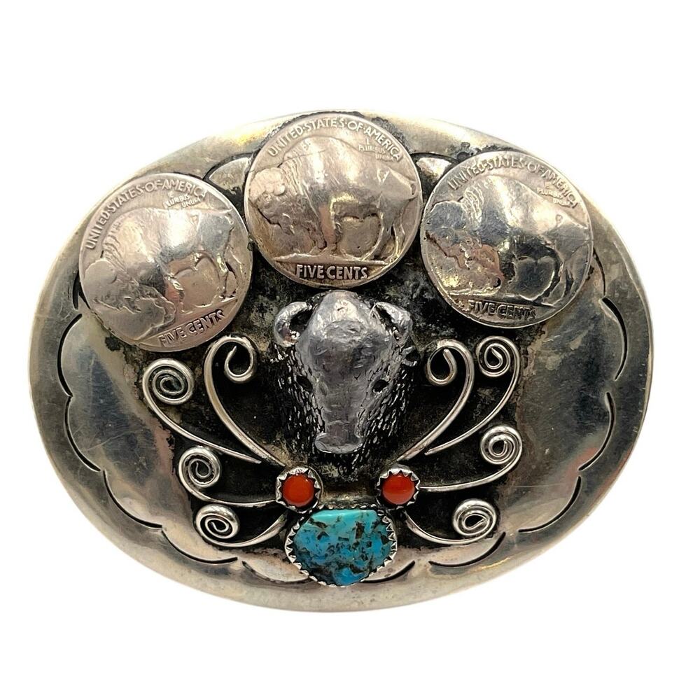 Squaw Wrap‎ Vintage Native American Turquoise Coral Buffalo Nickel Belt Buckle